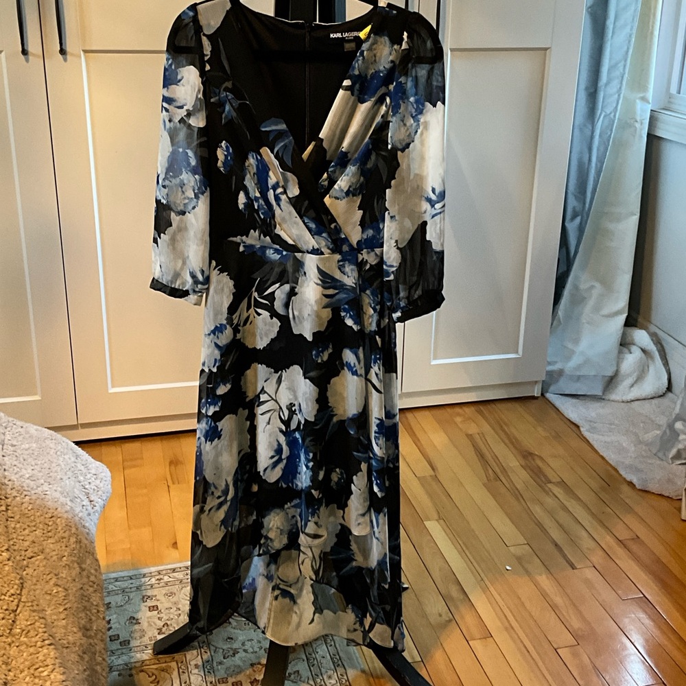 Karl Lagerfeld Black and Blue Floral Long Sleeve Dress